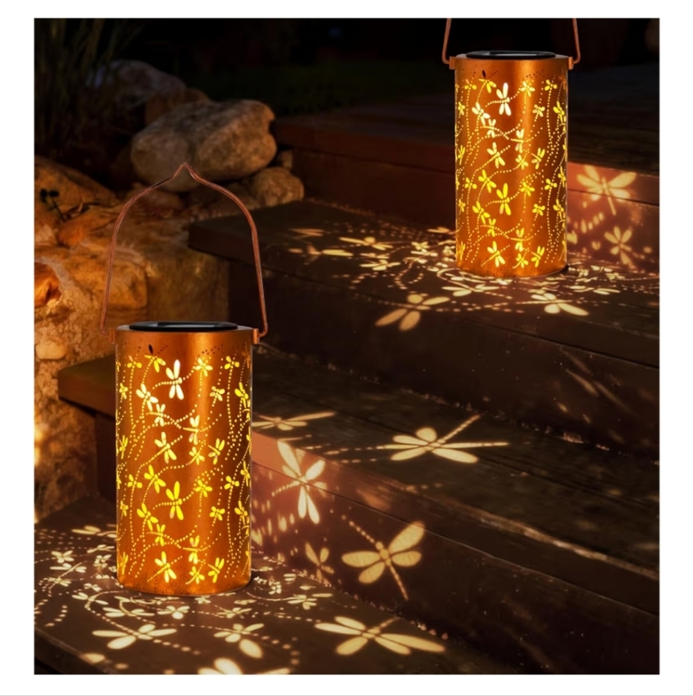Dragonfly Patterned Lantern Solar Set of 2 NEW